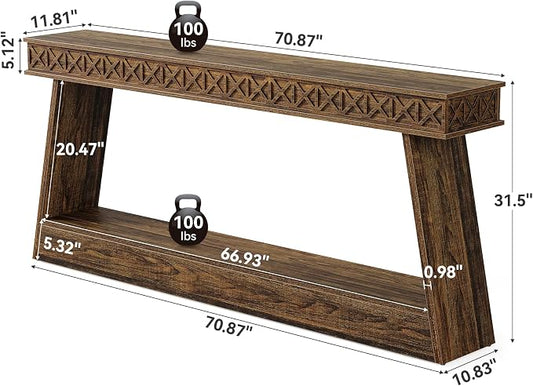 LITTLE TREE 70.87" Long Farmhouse Console Table, 2-Tier Shelf Narrow Accent Entryway Sofa Table for Living Room, Behind Couch, Hallway - Dark Brown