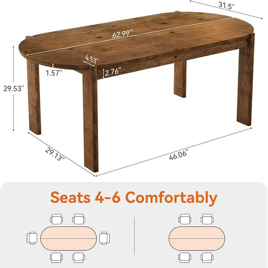 63" Solid Wood Oval Dining Table, Farmhouse Wooden Kitchen Table for 4-6, Rustic Dinner Table for Dining Room, Living Room, Apartment, Brown