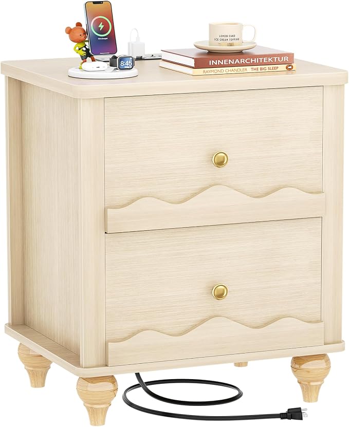 Cyclysio Natural Wood Nightstand with Charging Station, Scalloped Bedside Table with 2 Smooth Drawers, Modern End Table with Solid Wooden Legs for Bedroom and Small Spaces