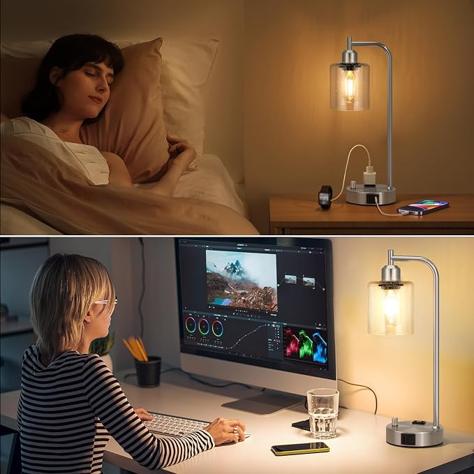 Industrial Table Lamps for Bedrooms Set of 2 - Fully Dimmable Bedside Lamps with USB A and C Ports and Outlet, Nickel Nightstand Lamps with Glass Shade for Living Room, Desk Lamps for Office Reading