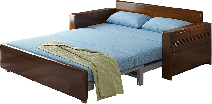 3 in 1 Pull-Out Convertible Sofa Bed, 59" Blue Plush Cushion Sleeper Couch, Reversible Chaise, Walnut Solid Wood Frame for Home, Office, Apartment