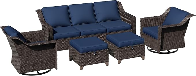 5 Pieces Patio Conversation Furniture Set - 1 Sofa, 2 Swivel Chairs, 2 Ottomans, Outdoor Wicker Furniture with Removable Cushions for Porch, Balcony, Sunroom (Blue)