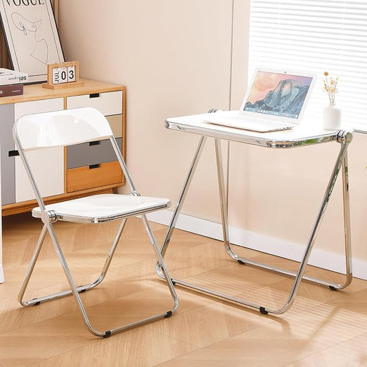Acrylic Folding Table - Modern TV Tray Dinner Table for Eating on Couch - Small Folding Table Foldable Computer Desks Space-Saving with Chrome Frame No Assembly Required -White