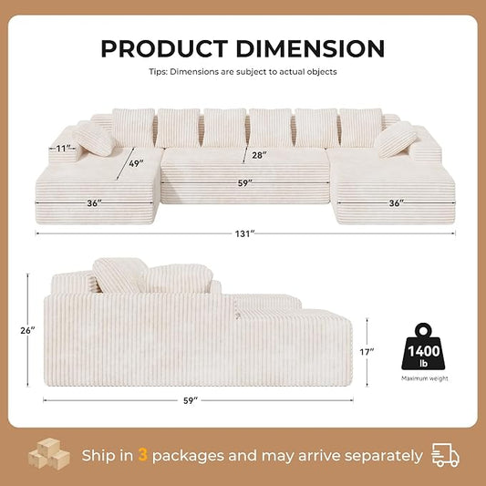 Luxanimarion 131'' U Shaped Sectional Couches with Chaise Lounge, U-Shaped Boneless Deep Seat Modular Sofa for Living Room 1PCS, Bedroom(Beige)