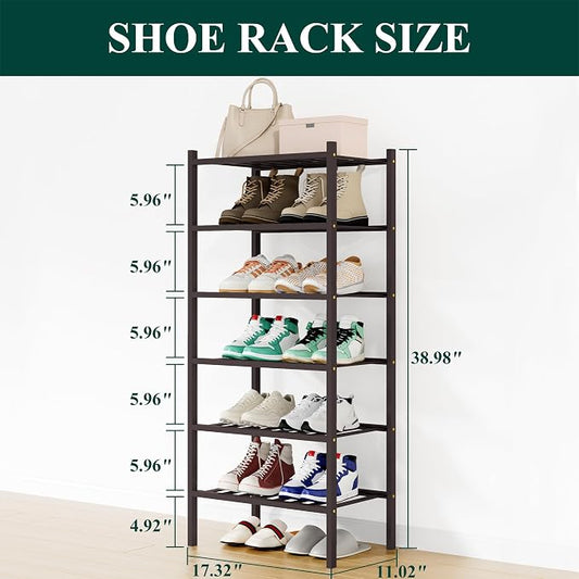 Smiry Small Bamboo Shoe Rack, 6 Tier Free Standing Wooden Shoe Organizer, Stackable Wood Shoe Storage Shelf for Closet, Entryway, 12 Vertical Slats, 2+2+2 Stack Standard Legs, 17.3"x11"x39", Brown