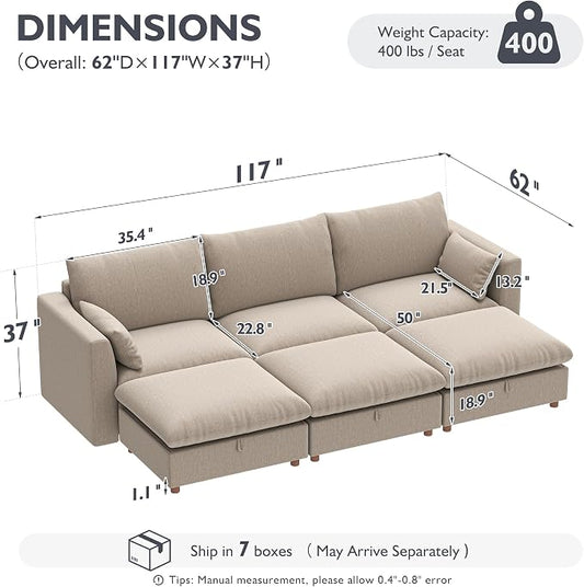 Ihanherry 117" Oversized Modular Sectional Sofa, Modern Cloud Couch with 3 Storage Ottoman, 6-Seat Comfy Chenille Deep Seat Sofa with 2 Pillows for Living Room, Khaki