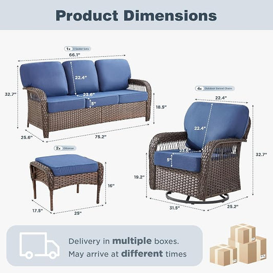 Belord Luxury Patio Furniture Set with 5-inch Thick Cushion, Outdoor High Back Swivel Rocker Patio Chairs, 7PCS Wicker Conversation Set for Deck Yard and Poolside,Blue