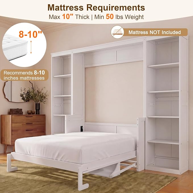 Olela Murphy Bed Queen Size with Mattress Desk and Bookcase, Vertical Murphy Wall Bed Cabinet Desk and Bookshelf Storage Combo, Space Saving Hideaway Beds for Home Office Guest Room, White