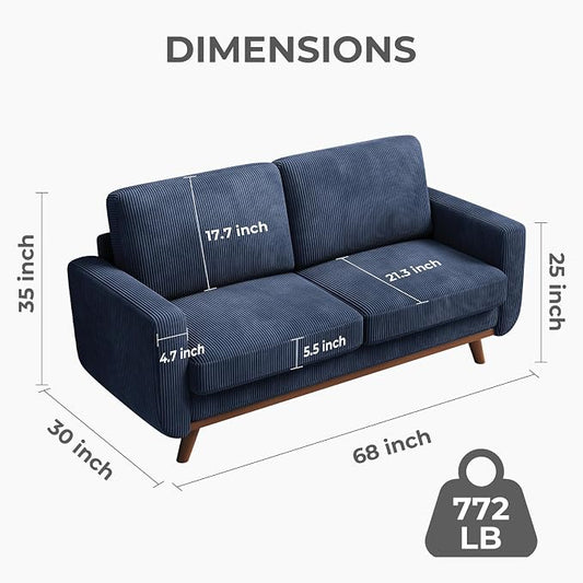 Vesgantti 68" Loveseat Sofa Dark Blue, Comfy Corduroy Couch with Spring Cushion and Solid Wood, Modern Extra Deep Seat for Bedroom, Living Room, Office