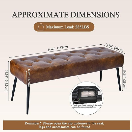 DUHOME Button-Tufted Ottoman Bench, Upholstered Bedroom Benches Leather Footrest Stool Accent Bench for Entryway Dining Room Living Room Bedroom End of Bed, Yellowish Brown
