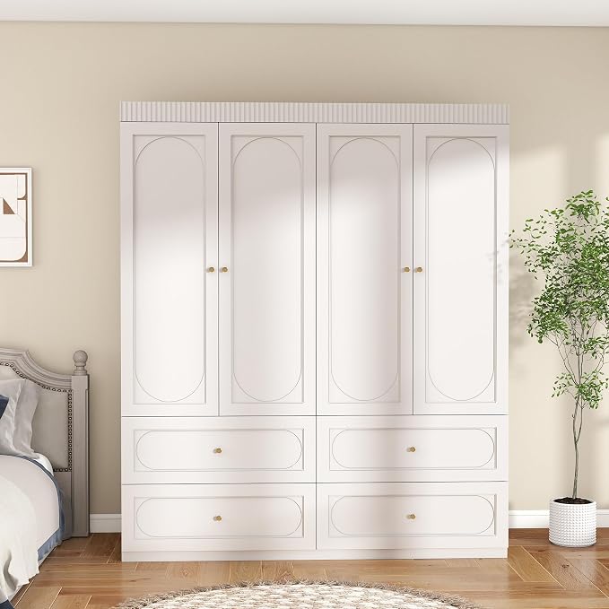White Wardrobe Closet with Drawers: 74" Large Armoire with 4 Doors and 4 Drawers, Tall Wooden Wardrobe Closet for Hanging Clothes, Modern Bedroom Armoires Closets Cabinet (White)