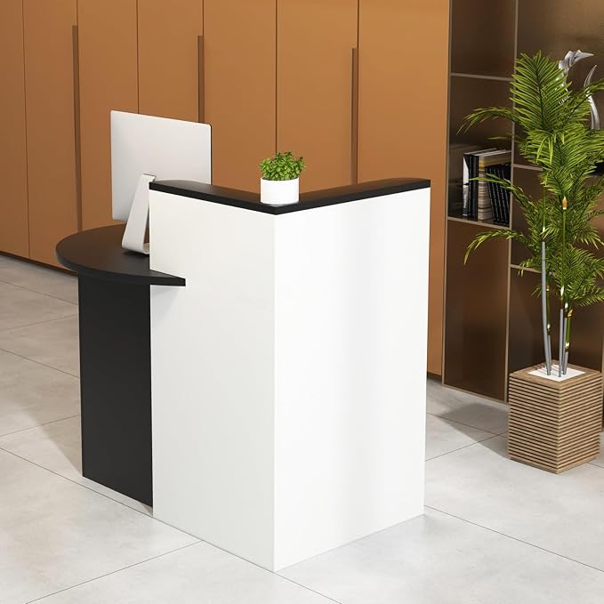 Reception Desk, Retail Checkout Counter w/Lockable Drawer & Open Shelves, Computer Workstation, Small Front Desk Reception Counter for Company Lobby Store Salon Office (Black & White)