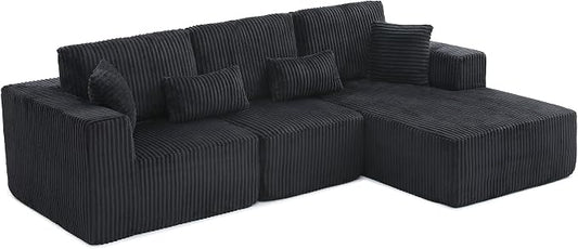 L Shaped Modular Boneless Sectional Couches for Living Room, Wide Armrest, Deep Seat, Memory Foam, Assembly Free, Modern Comfy Corduroy Fluffy Cloud Sofa with Right Chaise, Black
