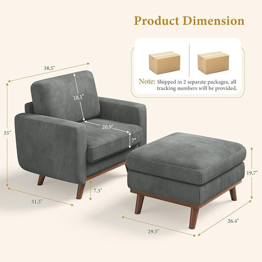 Vesgantti 38.5" Accent Chair with Movable Ottoman, Comfy Corduroy Armchair with Spring Cushion, Reading Chair with Ottoman, Modern Single Sofa for Living Room, Bedroom and Apartment, Dark Gray