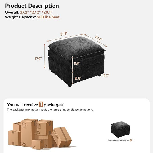 27" Cloud Sectional Modular Couch Ottoman with Storage, Upholstered Footrest with Anti-Slip Legs Large, Chenille Square Ottoman for Living Room, Bedroom, Entryway, Black