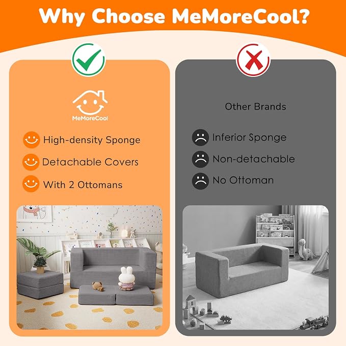 MeMoreCool Modular Kids Couch – Light Grey Foam Play Sofa Bed Convertible Toddler Couch | Soft Corduroy Cover | Washable | Bedroom & Playroom Furniture