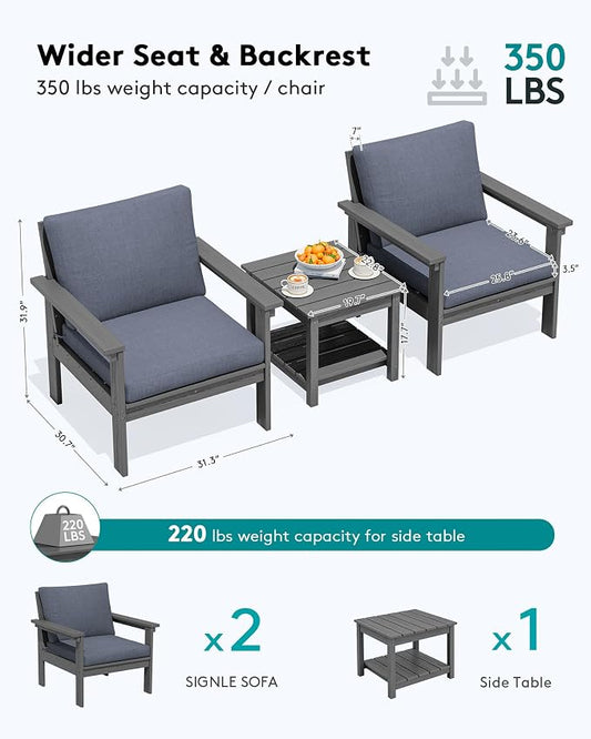SERWALL HDPE Patio Sofa Set, 3-piece Sectional Outdoor Furniture Set, All Weather Outdoor Couch Set Patio Furniture Set for Deck, Lawn, Grey Frame with Grey Cushion