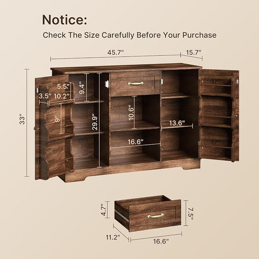 Gizoon 45" Kitchen Sideboard Buffet Cabinet with Storage Coffee Bar Cabinet with Drawer, Kitchen Pantry Storage with Door and Shelves for Bathroom and Living Room, Dark Brown