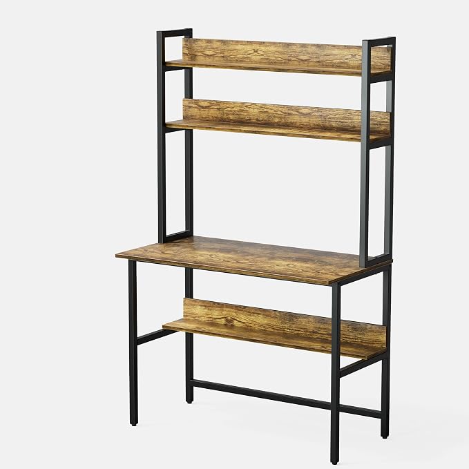 Aquzee Computer Desk with Hutch, 40“W x 19.6" D Desk with Shelves, Tall Home Office Desk with Bookshelf, Metal Legs Study Table with Upper Storage Shelf for Study Writing/Workstation, Brown