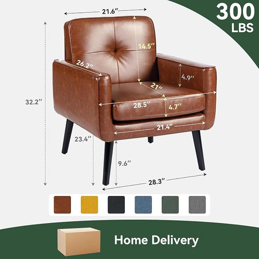 Vogue Furniture Direct Mid Century Accent Chair, PU Leather Modern Chair with Wooden Frame, Cozy Armchair Reading Chair with Comfy Back for Apartment, Living Room, Bedroom, Small Space, Corner, Brown