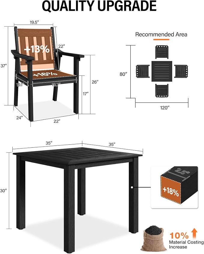 YEFU HIPS Patio Table Set: 5 Piece Outdoor Square Table and Chairs with Metal Aluminum Frame - Black Modern Plastic Patio Dining Furniture Set 4 Person for Outside Deck