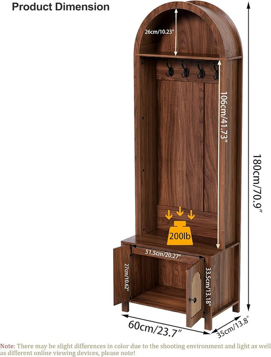 Hall Tree with Bench and Shoe Storage, Entryway Storage Bench with Coat Rack, 70.9"Arch Coat Rack with 4 Hooks and 2 Fluted Doors, Farmhouse Style Furniture Organizer for Hallway (Walnut, 23.7"W)