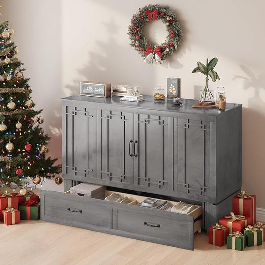 BALUS Queen Murphy Bed with Mattress Included, Cabinet Bed with Mattress & Built-in USB Ports & Storage Drawer, Space-Saving Murphy Beds Cabinet Guest Beds for Office/Apartment- Grey