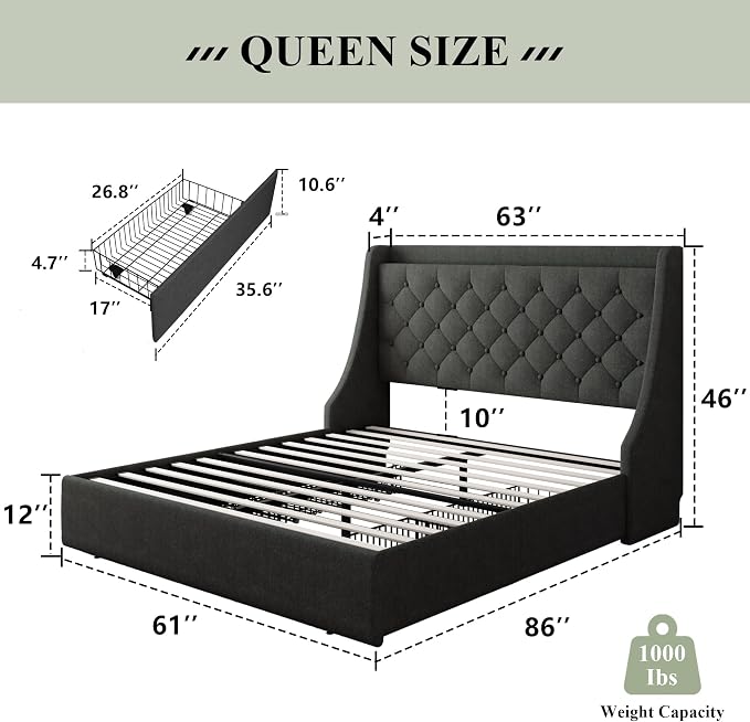 Feonase Queen Bed Frame with 4 Storage Drawers, Upholstered Storage Bed with Charging Station, Tufted Wingback Headboard, No Box Spring Needed, Dark Grey