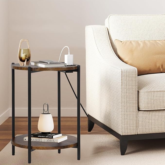 Gawicpy 2 Tier Round Side Table, Folding End Tables Coffee Table Simplistic Sofa Table Waterproof Removable Tray Table Indoor Outdoor Accent Table for Living Room Bedroom (Brown, 1pcs)