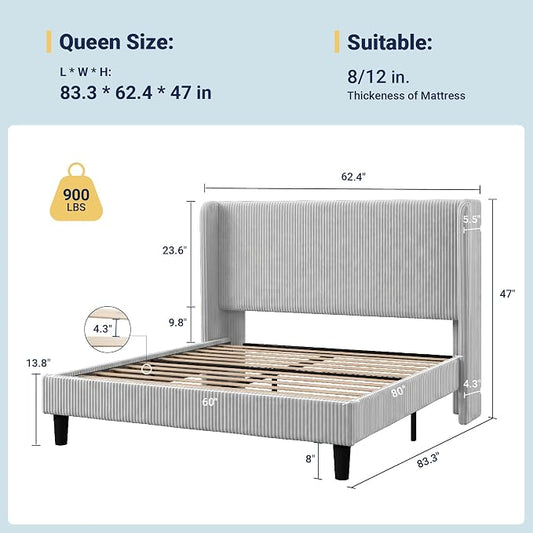 Allewie Queen Size Bed Frame with Upholstered Wingback Headboard, Vertical Channel Tufted Corduroy Velvet Platform Bed, Strong Wooden Slats Support, No Box Spring Needed, Easy Assembly, Light Grey