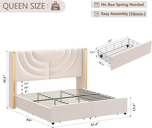 HITHOS Queen Upholstered LED Bed Frame with 2 Storage Drawers, Velvet Platform Bed with Wingback Headboard, Solid Wooden Slats Support, No Box Spring Needed, Headboard Splicing Design, Beige