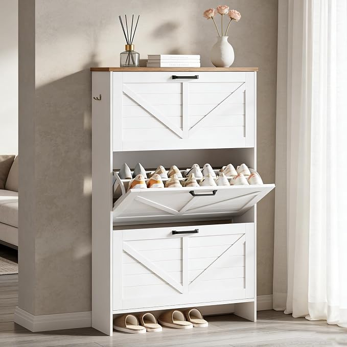 Nicetree Shaker Barn Door Shoe Storage Cabinet for Entryway, 3 Flip Drawers & 3-Tier Adjustable Shelves, Ultra Slim Freestanding, Modern Rustic Brushed White Farmhouse Shoe Rack for Hallway, Foyer