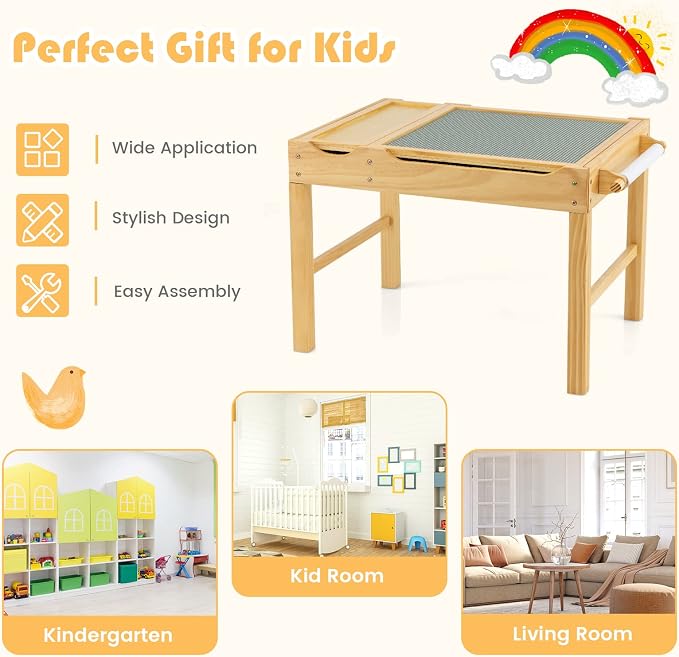 HONEY JOY Kids Table, 2 in 1 Toddler Wooden Activity Table with Paper Roll, Convertible Building Block Tabletop, 3 Storage Compartments, Children Furniture Set for Daycare, Playroom, Natural