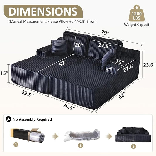 WHGBJA Oversized 79” Double Chaise Lounge Sofa Bed, Deep Seat Corduroy Cloud Loveseat Chair, No Assembly, Plush Upholstered Sleeper for Living Room or Bedroom (Dark Black)