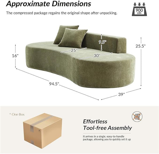 94.5" Boneless Sofa with 2 Pillows, 3 Seater Compressed Foam Sofa with Half Moon Design & Deep Seat, No Assembly Required, Modern Cloud Couch for Living Room, Olive