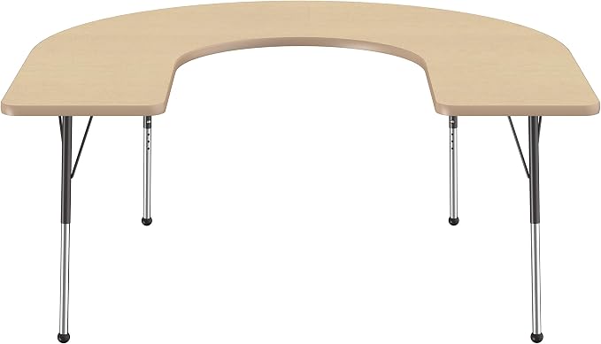 FDP Horseshoe Activity School and Office Table (60 x 66 inch), Standard Legs with Ball Glides for Collaborative Seating Environments, Adjustable Height 19-30 inches - Maple Top and Maple Edge