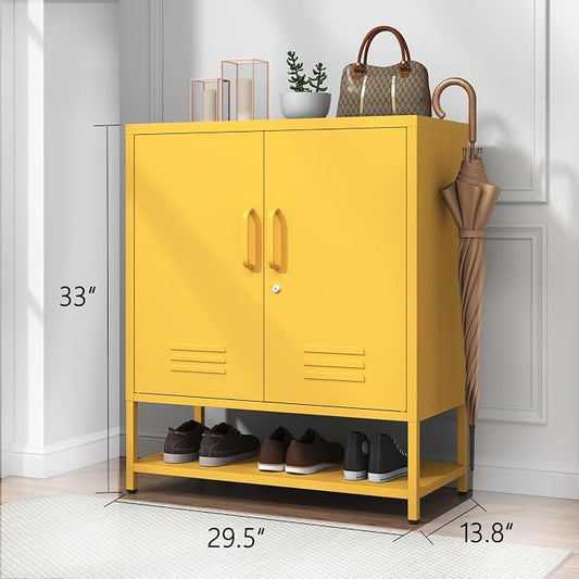 Yellow Lockable Metal Shoe Cabinet, Freestanding Accent Storage Cabinet with Adjustable Shelves, Multipurpose Storage Rack for Hallway Entryway Living Room 33" H X 29.5" W X 13.8" D