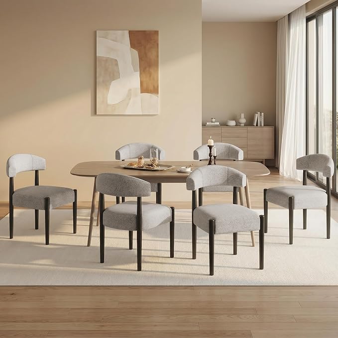 VKNOW Wooden Dining Chairs Set of 4 with Black Rubberwood Legs, Brown | Soft Chenille Fabric, Curved Open Back, Thickened Cushion, For Adults and Family, Dining Room, Kitchen, No Wobble