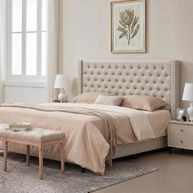 Madison Park Queen Wingback Upholstered Tufted Headboard, Featuring High-Density Sponge Padding, Adjustable Height Headboard, Easy Assembly, Beige Woven