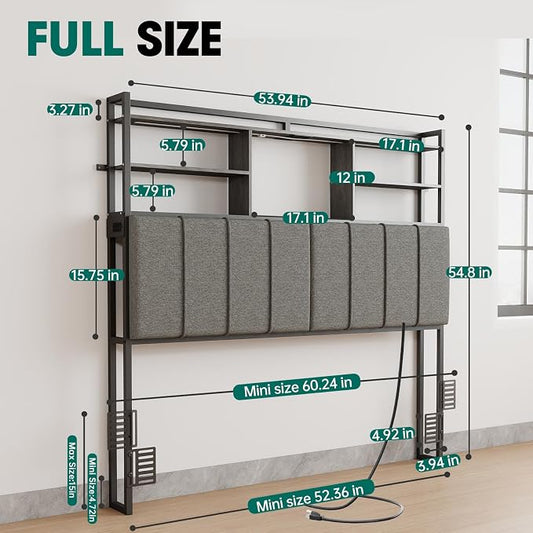 54.8" Tall Headboard Full Size Bed with 3-Tier Storage Shelves, Linen Upholstered Head Board with USB & Type C Port & LED Light, Soft Backrest for Full Size Bed