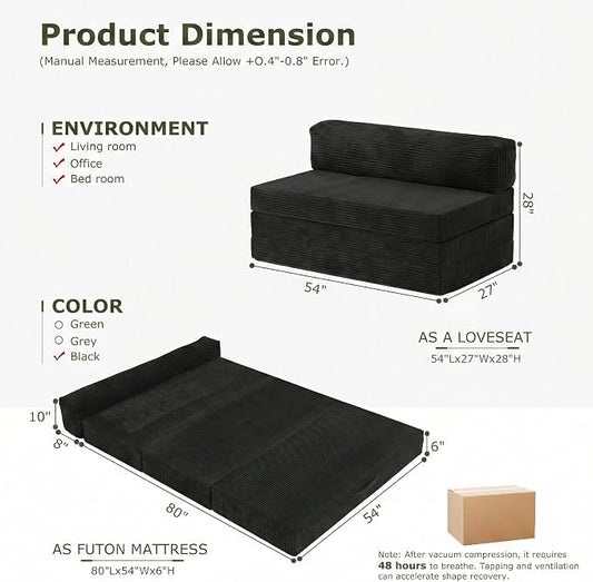 5-in-1 Convertible Sofa Bed, Boneless Couch Loveseat with Removable Cushions & Washable Cover, Futon Sofa Bed with Handle, Pull Out Couch for Small Spaces, Full Size, Black