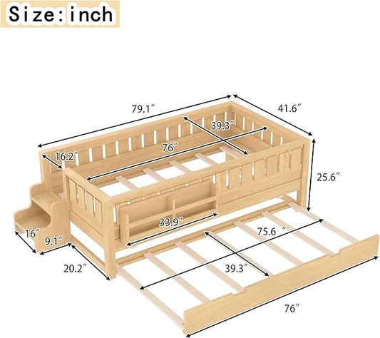 Bellemave Twin Kids Montessori Bed with Stairs, Bookshelf and Trundle, Solid Wood Kids Bed Frame with Storage for Boys Girls, Low Profile,Light Natural