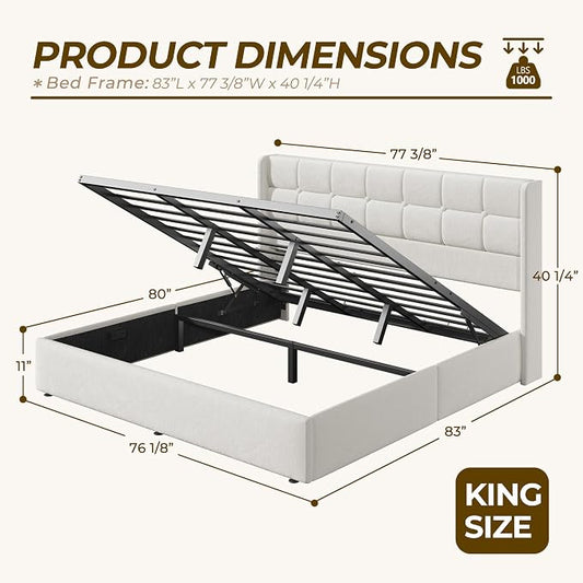 HISOFT King Size Lift Up Storage Bed Frame, Linen Upholstered Platform Bed with Wingback Headboard, Heavy Duty Hydraulic Gas Lift Underbed Space, Reinforced Full Metal Slats, Noise Free, Light Beige