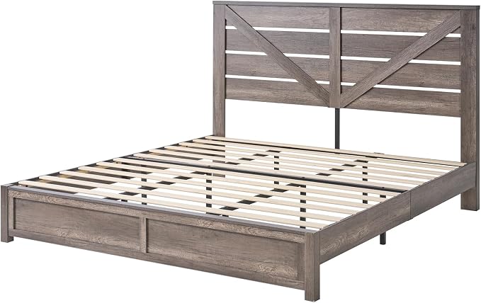 AMERLIFE King Size Bed Frame with 49.2" Barn Door Headboard and Footboard, Farmhouse Platform Bed Frame with Wood Slats, No Box Spring Needed, Under Bed Storage, Rustic Gray