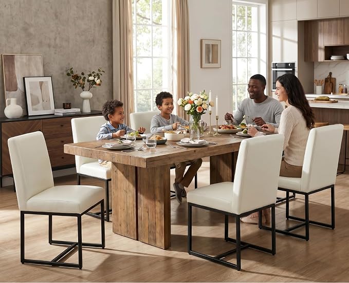 CIMOTA Modern Dining Chairs Set of 6, Leather Dining Room Chairs Upholstered Armless Guest Side Chair with Black Base for Dining Room/Kitchen, Cream 6PCS
