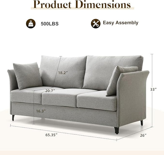 Mid Century Modern Sofa 3 Seat Couch 65.35" W Deep Seat Sofa for Living Room, 3 Person Seater Fabric Couch Sofa Comfy Sleeper Sofa for Apartment Bedroom