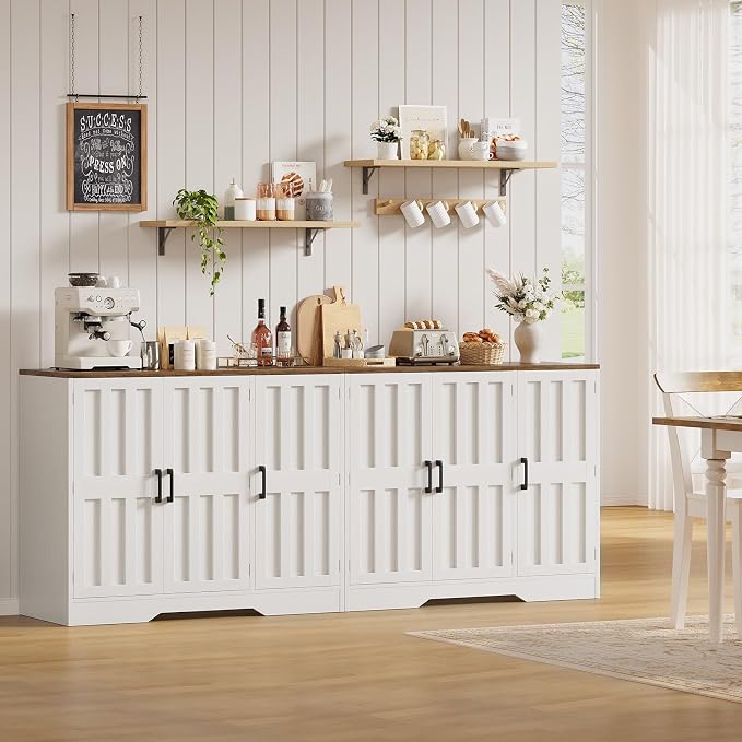 Modern Farmhouse Buffet Cabinet with Storage, 85" Large Sideboard Storage Cabinet with 6 Barn Doors, Coffee Liquor Bar Cabinet Wood Table Credenza with Adjustable Shelf for Kitchen Dining Living Room