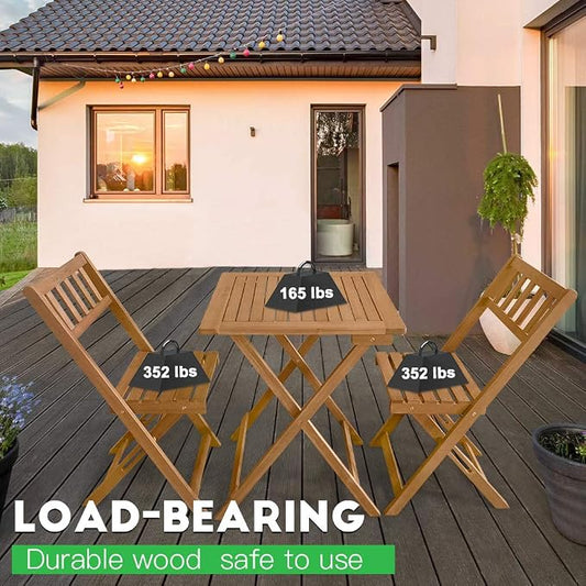 3-Piece Acacia Wood Folding Patio Bistro Set Outdoor Bistro Set Table and Chairs Set with 2 Chairs and Square Table for Pool Beach Backyard Balcony Porch Deck Garden Wooden Furniture, Natural