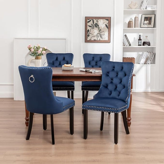 Hixkol Velvet Dining Chairs Set of 4,Upholstered Dining Chairs with Ring Pull Trim and Button Back,Modern Seating for Kitchen, Dining Room & Living Room(Blue)