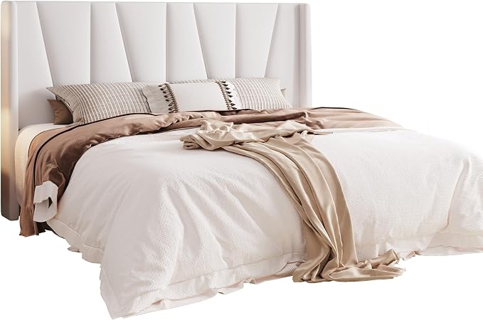 Allewie King Size Platform Velvet Bed Frame with Geometric Wingback Headboard, Boho Upholstered Bed with Wooden Slats Support, No Box Spring Needed, Easy Assembly, White